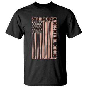 Strike Out Endometrial Cancer Baseball T Shirt Peach Ribbon American Flag Support Gift