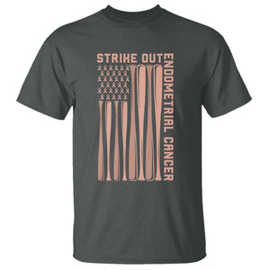 Strike Out Endometrial Cancer Baseball T Shirt Peach Ribbon American Flag Support Gift
