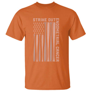 Strike Out Endometrial Cancer Baseball T Shirt Peach Ribbon American Flag Support Gift