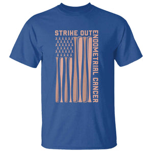 Strike Out Endometrial Cancer Baseball T Shirt Peach Ribbon American Flag Support Gift
