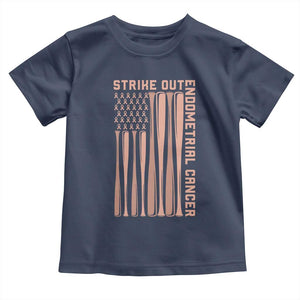 Strike Out Endometrial Cancer Baseball Toddler T Shirt Peach Ribbon American Flag Support Gift