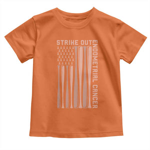Strike Out Endometrial Cancer Baseball Toddler T Shirt Peach Ribbon American Flag Support Gift
