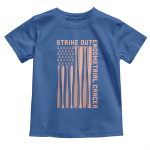 Strike Out Endometrial Cancer Baseball Toddler T Shirt Peach Ribbon American Flag Support Gift