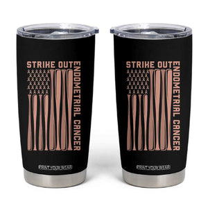 Strike Out Endometrial Cancer Baseball Tumbler Cup Peach Ribbon American Flag Support Gift