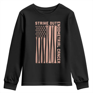 Strike Out Endometrial Cancer Baseball Youth Sweatshirt Peach Ribbon American Flag Support Gift