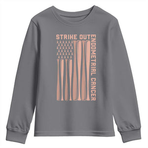 Strike Out Endometrial Cancer Baseball Youth Sweatshirt Peach Ribbon American Flag Support Gift