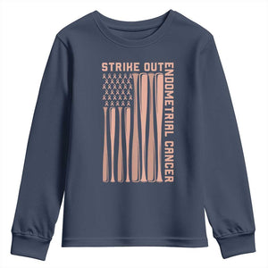 Strike Out Endometrial Cancer Baseball Youth Sweatshirt Peach Ribbon American Flag Support Gift
