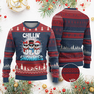 Xmas Snowman Ugly Christmas Sweater Chillin With My Snowmies Christmas Snowman TS12 Burgundy Print Your Wear
