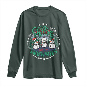Christmas Snowman Long Sleeve Shirt Chillin With My Snowmies Cute Winter TS12 Dark Forest Green Print Your Wear