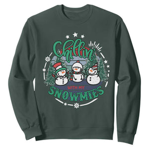 Christmas Snowman Sweatshirt Chillin With My Snowmies Cute Winter TS12 Dark Forest Green Print Your Wear