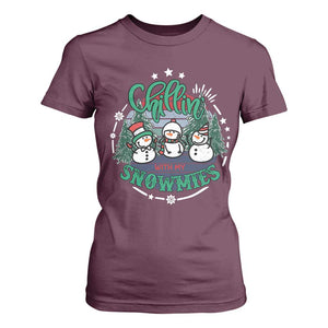 Christmas Snowman T Shirt For Women Chillin With My Snowmies Cute Winter TS12 Maroon Print Your Wear