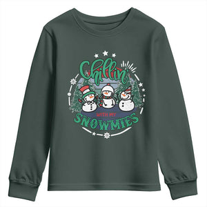 Christmas Snowman Youth Sweatshirt Chillin With My Snowmies Cute Winter TS12 Dark Forest Green Print Your Wear