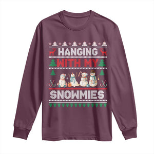 Christmas Snowman Long Sleeve Shirt Hanging With My Snowmies Merry Xmas TS12 Maroon Print Your Wear