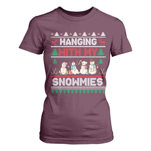 Christmas Snowman T Shirt For Women Hanging With My Snowmies Merry Xmas TS12 Maroon Print Your Wear