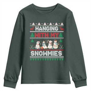 Christmas Snowman Youth Sweatshirt Hanging With My Snowmies Merry Xmas TS12 Dark Forest Green Print Your Wear