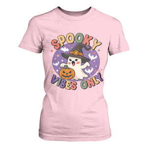 Cute Halloween Ghost T Shirt For Women Spooky Vibes Only With Pumpkin TS12 Light Pink Print Your Wear
