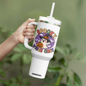 Cute Halloween Ghost Tumbler With Handle Spooky Vibes Only With Pumpkin TS12 Print Your Wear