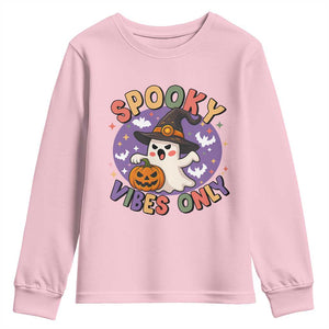 Cute Halloween Ghost Youth Sweatshirt Spooky Vibes Only With Pumpkin TS12 Light Pink Print Your Wear