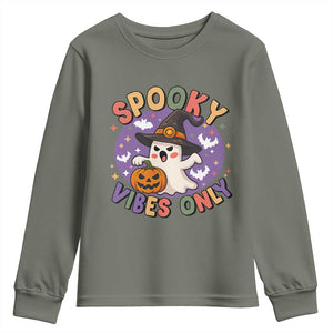 Cute Halloween Ghost Youth Sweatshirt Spooky Vibes Only With Pumpkin TS12 Military Green Print Your Wear