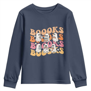 Bookish Ghost Halloween Youth Sweatshirt Funny Book Lover And Spooky Squad TS12 Navy Print Your Wear