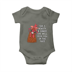 Funny Chicken Lover Gift Baby Onesie She Is Beauty And Grace She Will Peck You In The Face TS12 Military Green Print Your Wear