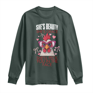 She Will Peck You In The Face Long Sleeve Shirt Funny Chicken Lover TS12 Dark Forest Green Print Your Wear