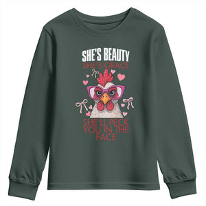 She Will Peck You In The Face Youth Sweatshirt Funny Chicken Lover TS12 Dark Forest Green Print Your Wear