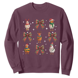 Cute Christmas Chicken With Xmas Coquette Bow Sweatshirt TS12 Maroon Print Your Wear