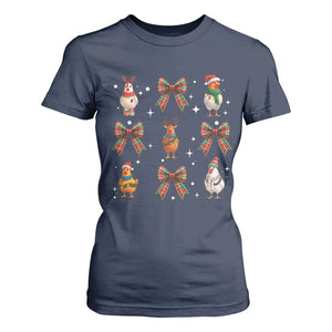 Cute Christmas Chicken With Xmas Coquette Bow T Shirt For Women TS12 Navy Print Your Wear