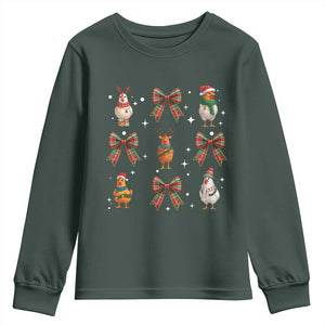 Cute Christmas Chicken With Xmas Coquette Bow Youth Sweatshirt TS12 Dark Forest Green Print Your Wear