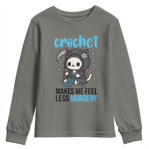Crochet Makes Me Feel Less Murdery Youth Sweatshirt Grim Reaper Cat Gift TS12 Military Green Print Your Wear