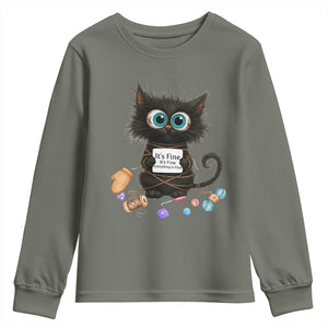 Funny Cat Crochet Lover Youth Sweatshirt Its Fine I am Fine Everything Is Fine TS12 Military Green Print Your Wear