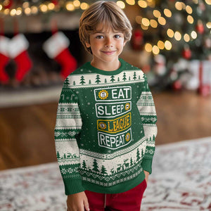 Funny Eat Sleep League Repeat Ugly Christmas Sweater Gaming Quote Gift For Gamer TS12 Forest Green Beige Print Your Wear