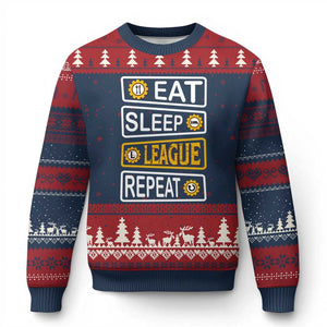 Funny Eat Sleep League Repeat Ugly Christmas Sweater Gaming Quote Gift For Gamer TS12 Navy Red Print Your Wear