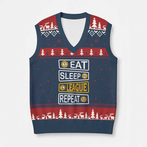 Funny Eat Sleep League Repeat V-Neck Knit Sweater Vest Gaming Quote Gift For Gamer TS12 Navy Red Print Your Wear