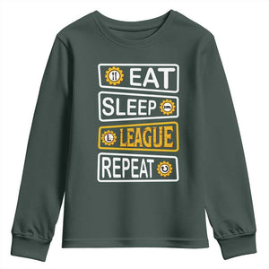 Funny Eat Sleep League Repeat Youth Sweatshirt Gaming Quote Gift For Gamer TS12 Dark Forest Green Print Your Wear