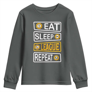 Funny Eat Sleep League Repeat Youth Sweatshirt Gaming Quote Gift For Gamer TS12 Dark Heather Print Your Wear