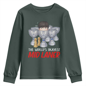 Worlds Okayest Mid Laner Youth Sweatshirt Funny Game Lover Gift TS12 Dark Forest Green Print Your Wear