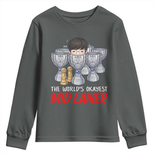 Worlds Okayest Mid Laner Youth Sweatshirt Funny Game Lover Gift TS12 Dark Heather Print Your Wear
