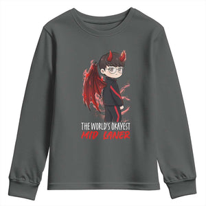 Worlds Okayest Mid Laner Youth Sweatshirt Funny Gift For Gamer TS12 Dark Heather Print Your Wear