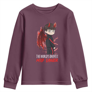Worlds Okayest Mid Laner Youth Sweatshirt Funny Gift For Gamer TS12 Maroon Print Your Wear