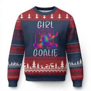 Funny Ice Hockey Girl Goalie Splatter Art Ugly Christmas Sweater Gift For Women TS12 Navy Red Print Your Wear