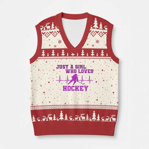 Funny Just A Girl Who Loves Hockey V-Neck Knit Sweater Vest Gift For Women TS12 Beige Red Print Your Wear