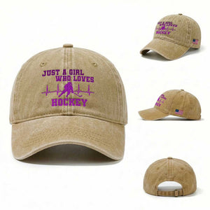 Funny Just A Girl Who Loves Hockey Washed Cotton Baseball Cap Gift For Women TS12 Washed Cap Universal Fit Khaki Print Your Wear