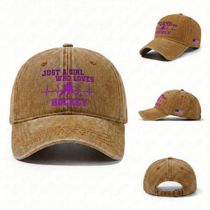 Funny Just A Girl Who Loves Hockey Washed Cotton Baseball Cap Gift For Women TS12 Washed Cap Universal Fit Yellow Ochre Print Your Wear