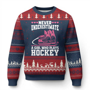 Never Underestimate A Girl Who Plays Hockey Ugly Christmas Sweater Gift For Women TS12 Navy Red Print Your Wear