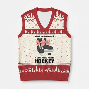 Never Underestimate A Girl Hockey Player Gift Idea V-Neck Knit Sweater Vest TS12 Beige Red Print Your Wear
