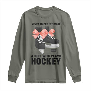 Never Underestimate A Girl Hockey Player Gift Idea Long Sleeve Shirt TS12 Military Green Print Your Wear