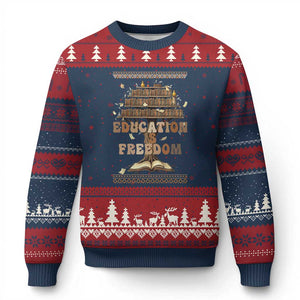 Education Is Freedom Teacher Gift Ugly Christmas Sweater Inspirational Africa Map Book Stack TS12 Navy Red Print Your Wear