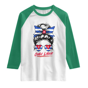 Cuba Libre Raglan Shirt Messy Bun Cuban Woman Sunglasses TS12 White Kelly Green Print Your Wear